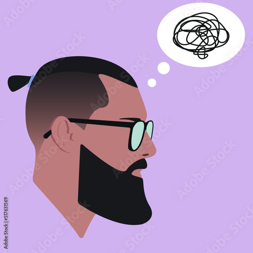 Silhouette. Face. Guy with glasses. Male head in glasses with top knot hair on pink background.Flat illustration of face. Head icon. Silhouette of a bearded man. Guy avatar. Intrapersonal conflict.