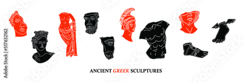 Modern doodle linocut set of ancient Greek sculpture, vector illustrations for art and music event