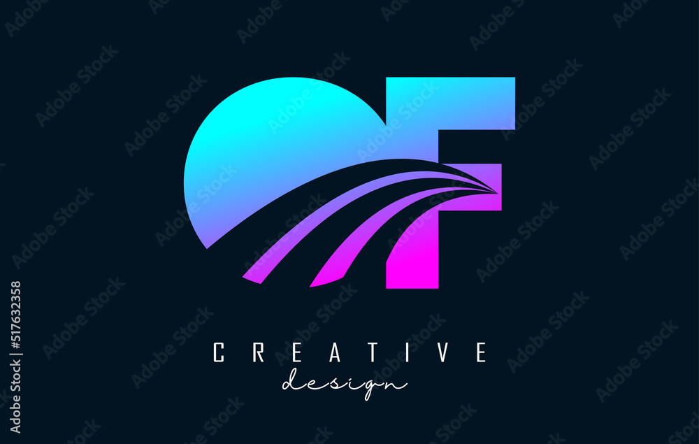 Creative colorful letters OF o f logo with leading lines and road concept design. Letters with geometric design.
