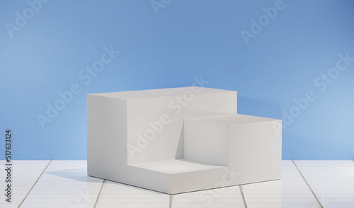 3d Stage with 3 step of white podium product display on blue background with white tile backdrops