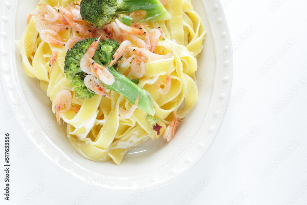 Japanese food ingredient, 'Sakura Ebi' shrimp and broccoli fettuccine pasta Japanese food ingredient, 'Sakura Ebi' shrimp and broccoli fettuccine pasta