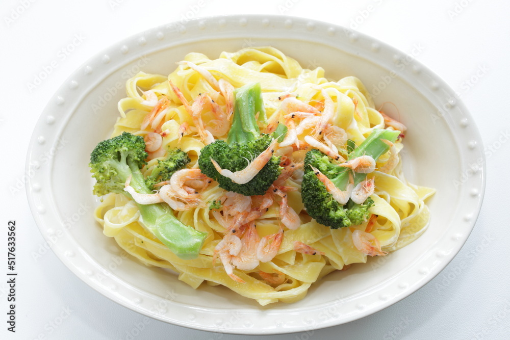 Japanese food ingredient, 'Sakura Ebi' shrimp and broccoli fettuccine pasta Japanese food ingredient, 'Sakura Ebi' shrimp and broccoli fettuccine pasta