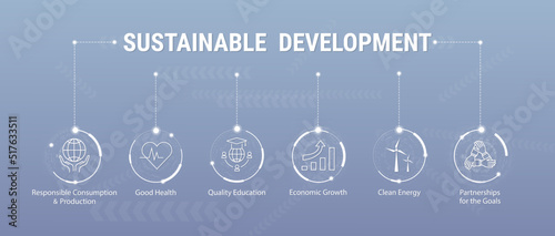 Sustainable Development Goals banner with keywords. Concept for corporate social responsibility project. Goals for a better world. SDG icon. Minimal vector infographic. Vector Illustration.