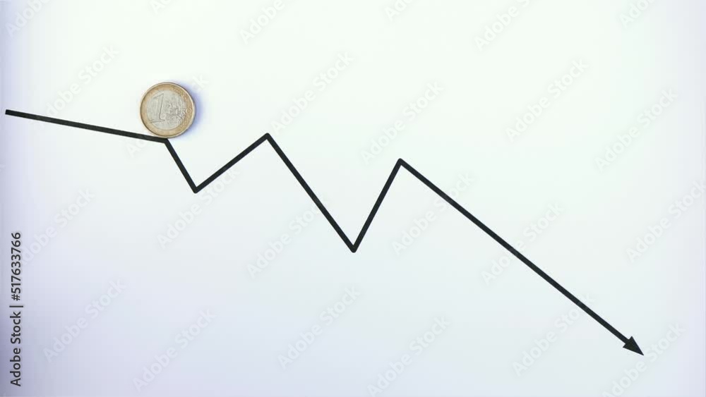 1 Euro coin moving down on the line chart. European single currency value fall, depreciation concept; copy space.