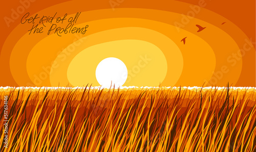 Grassland meadow over the evening sky of sundown scenic tranquil and calm landscape vector illustration, forget about all the problems and relax concept.