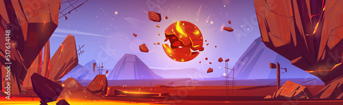 Space, alien planet landscape with exploding glowing moon or satellite above rock and lava. Extraterrestrial mountains panoramic view, pc game background, cosmos exploring, Cartoon vector illustration