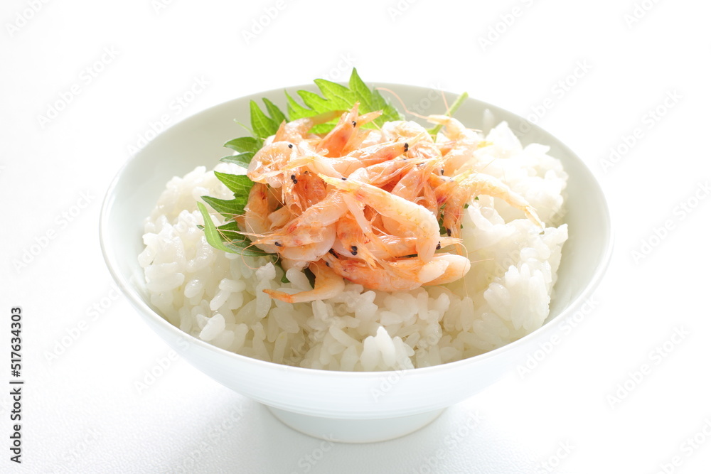Japanese food, boiled shrimps and herbal Shiso on rice Japanese food, boiled shrimps and herbal Shiso on rice