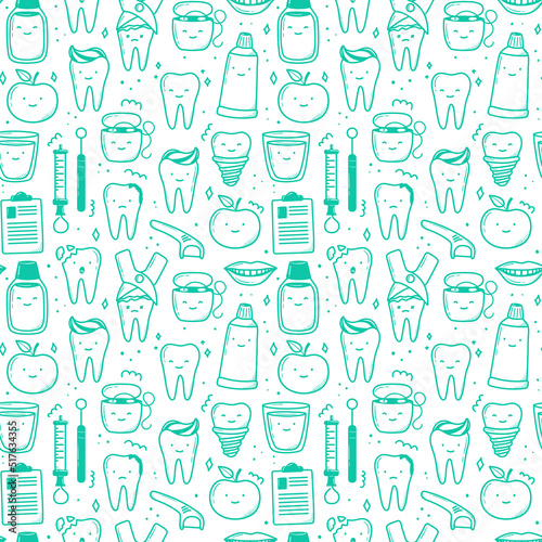kawaii teeth pattern hand drawn in doodle style. cute linear simple illustrations.