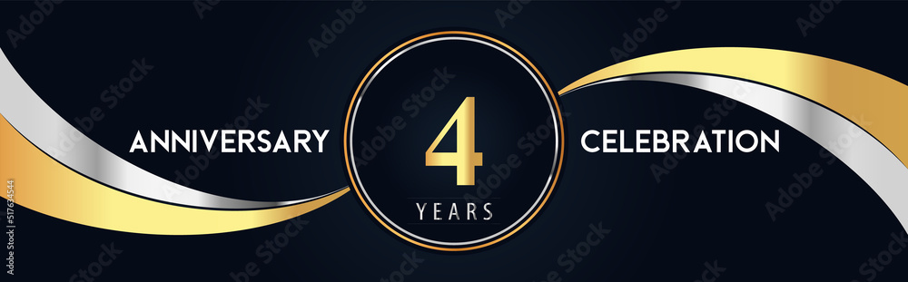 4 years anniversary celebration logo design with gold and silver creative shape on black pearl background. Premium design for poster, banner, weddings, birthday party, celebration event. 4 years anniversary celebration logo design with gold and silver creative shape on black pearl background. Premium design for poster, banner, weddings, birthday party, celebration event.