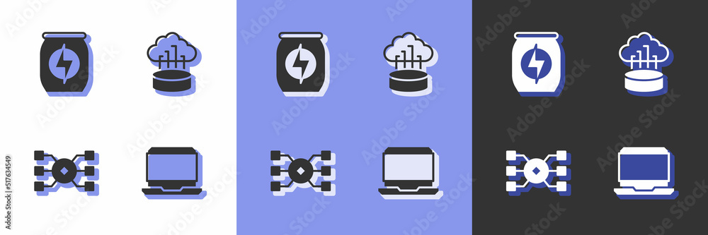 Set Laptop, Energy drink, Neural network and Network cloud connection icon. Vector Set Laptop, Energy drink, Neural network and Network cloud connection icon. Vector