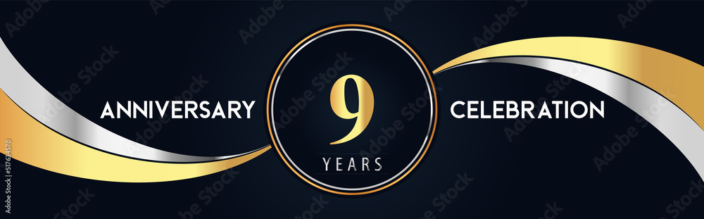 9 years anniversary celebration logo design with gold and silver creative shape on black pearl background. Premium design for poster, banner, weddings, birthday party, celebration event.