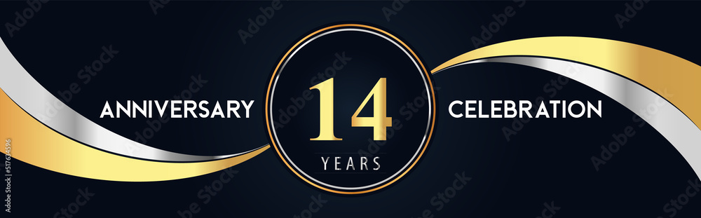 14 years anniversary celebration logo design with gold and silver creative shape on black pearl background. Premium design for poster, banner, weddings, birthday party, celebration event. 14 years anniversary celebration logo design with gold and silver creative shape on black pearl background. Premium design for poster, banner, weddings, birthday party, celebration event.
