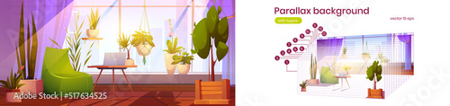 Parallax background workplace at home garden with plants, desk with laptop and cozy armchair interior, working area for freelancer 2d game animation layers, sidescroller Cartoon vector illustration