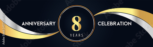 8 years anniversary celebration logo design with gold and silver creative shape on black pearl background. Premium design for poster, banner, weddings, birthday party, celebration event.