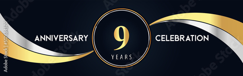 Obraz na płótnie 9 years anniversary celebration logo design with gold and silver creative shape on black pearl background. Premium design for poster, banner, weddings, birthday party, celebration event. w salonie