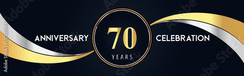 70 years anniversary celebration logo design with gold and silver creative shape on black pearl background. Premium design for poster, banner, weddings, birthday party, celebration event.