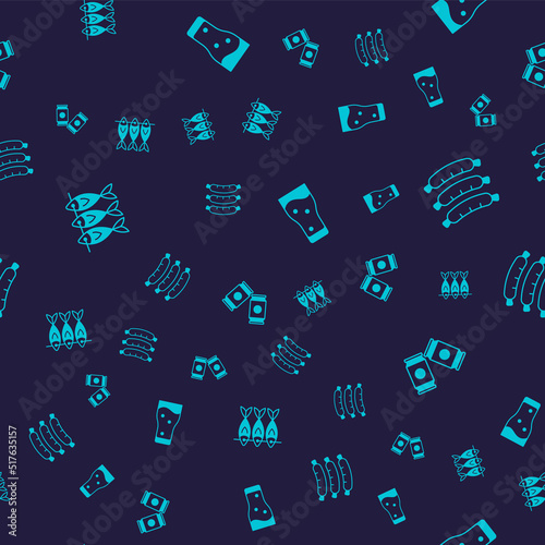 Set Dried fish, Sausage, Glass of beer and Beer can on seamless pattern. Vector