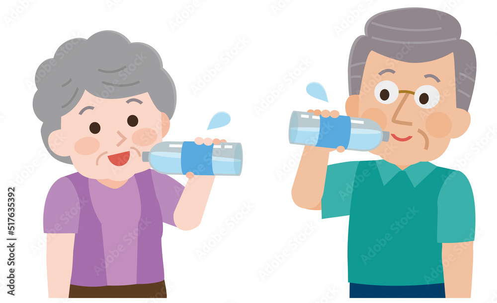 水分補給する高齢男性と女性　イラスト