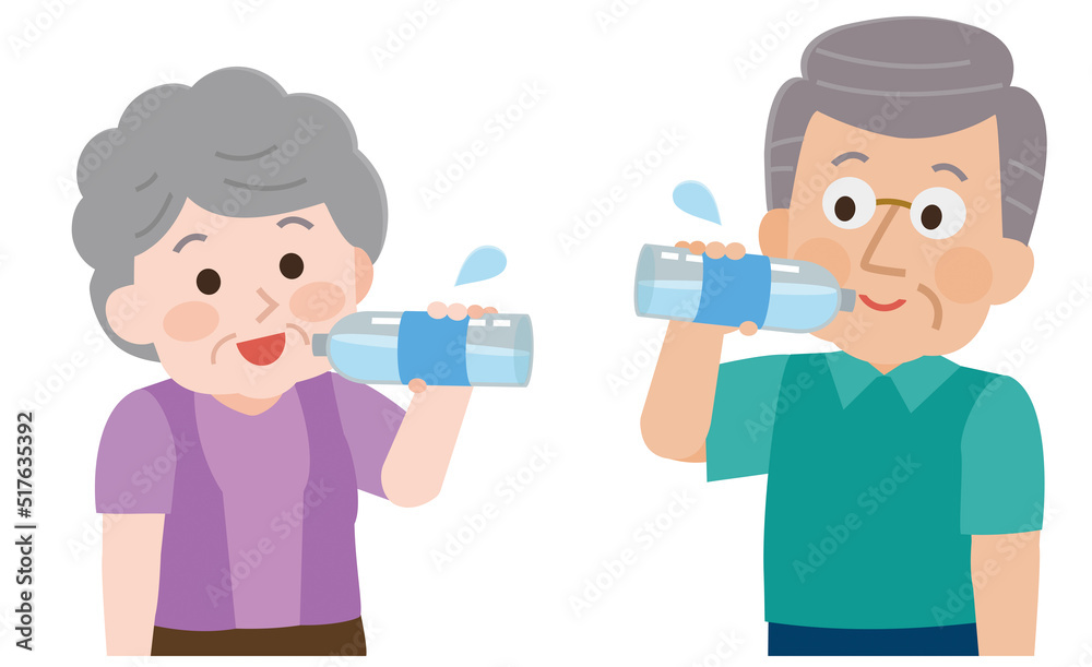 水分補給する高齢男性と女性 イラスト 水分補給する高齢男性と女性 イラスト