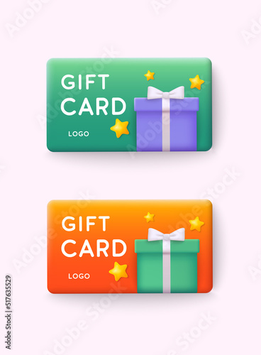 Gift card and promotion strategy, gift voucher, discount coupon and gift certificate concept. 3D Web Vector Illustrations.