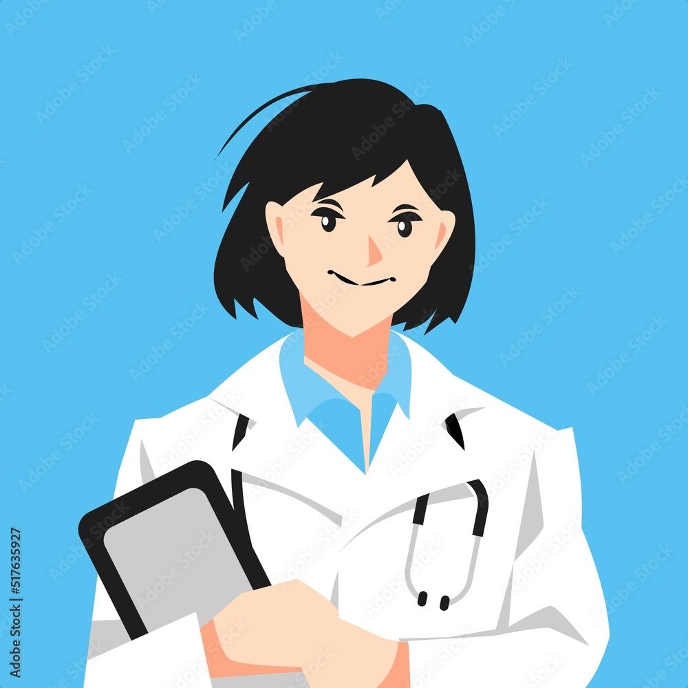 smiling female doctor holding medical chart. short black hair. half body. isolated blue background. stethoscope. concept of doctor, health, hospital, profession. flat vector illustration smiling female doctor holding medical chart. short black hair. half body. isolated blue background. stethoscope. concept of doctor, health, hospital, profession. flat vector illustration