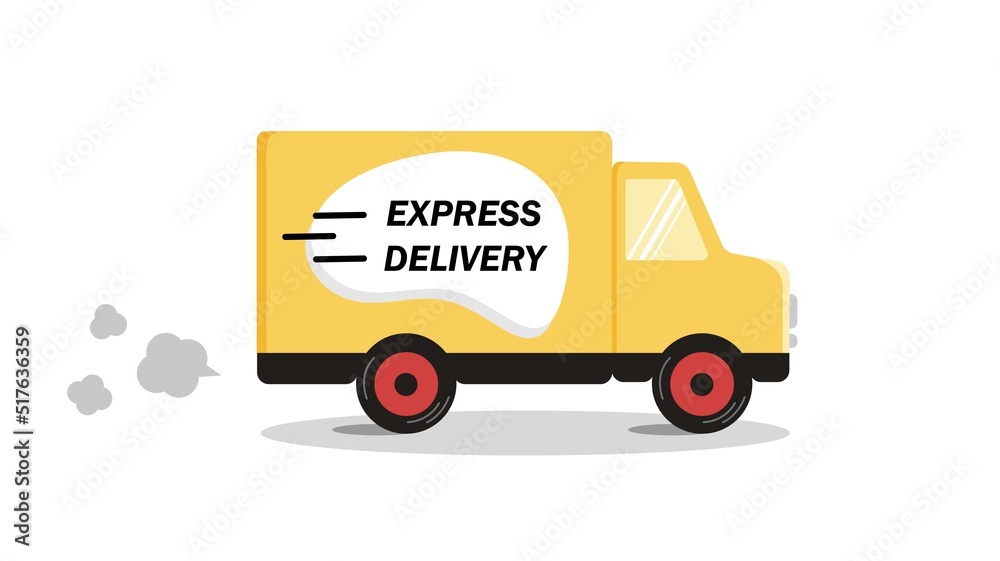 Delivery advertisement. Cargo truck with inscription fast delivery. Online delivery service concept, online order tracking, delivery home and office. Warehouse, truck, courier, delivery man. Vector
