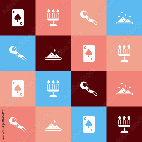Set pop art Playing cards, Candlestick, Magic staff and powder icon. Vector