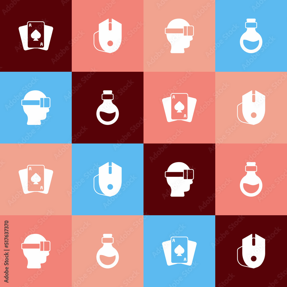 Set pop art Playing cards, Computer mouse, Virtual reality glasses and Bottle with magic elixir icon. Vector Set pop art Playing cards, Computer mouse, Virtual reality glasses and Bottle with magic elixir icon. Vector