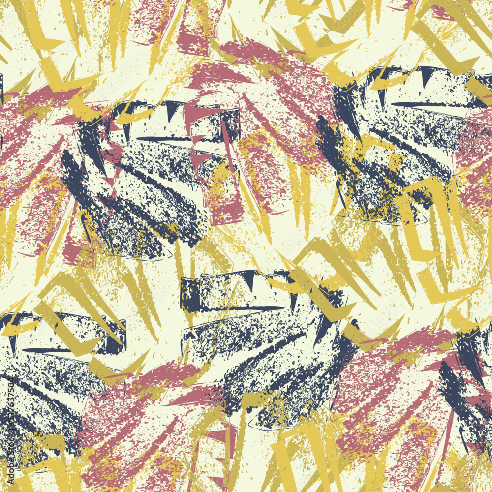 Fototapeta premium Abstract painterly graffiti spray paint style leaves seamless vector pattern background. Blue gold pink texture backdrop, overlapping layered outline foliage. Lino print effect botanical repeat