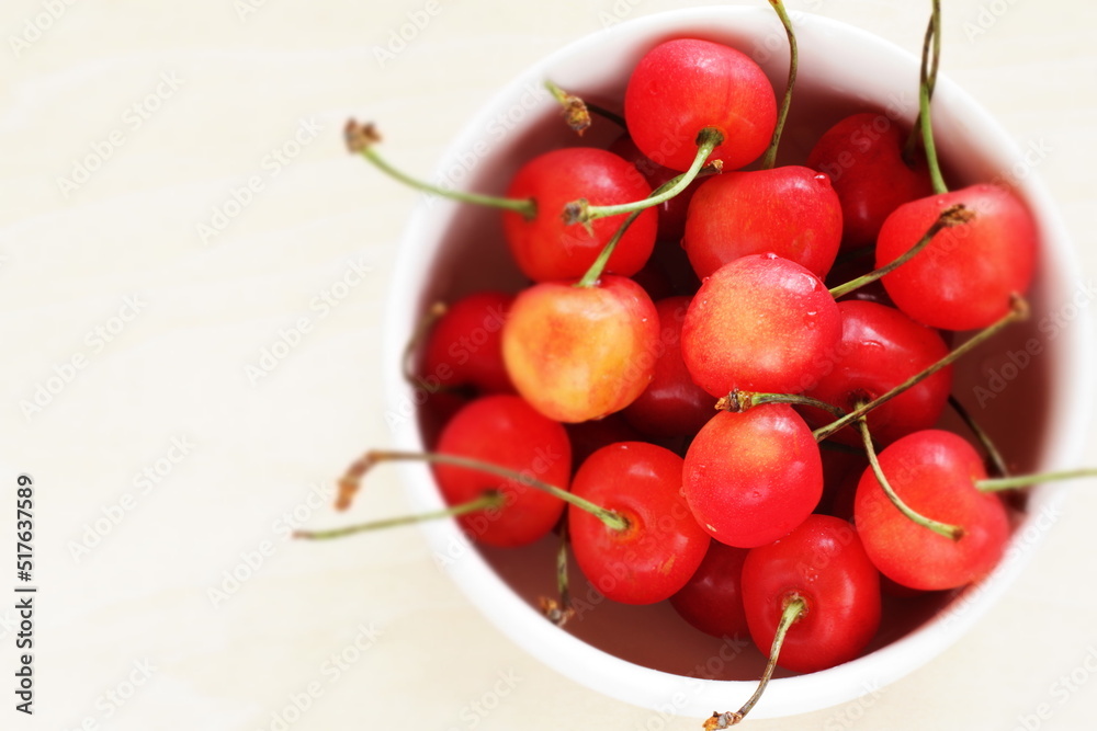 Summer fruit, Japanese cherry in white bowl for gourmet dessert Summer fruit, Japanese cherry in white bowl for gourmet dessert