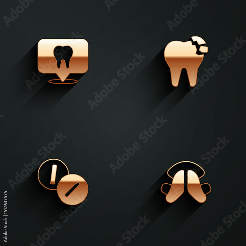 Set Dental clinic location, Broken tooth, Toothache painkiller tablet and plate icon with long shadow. Vector