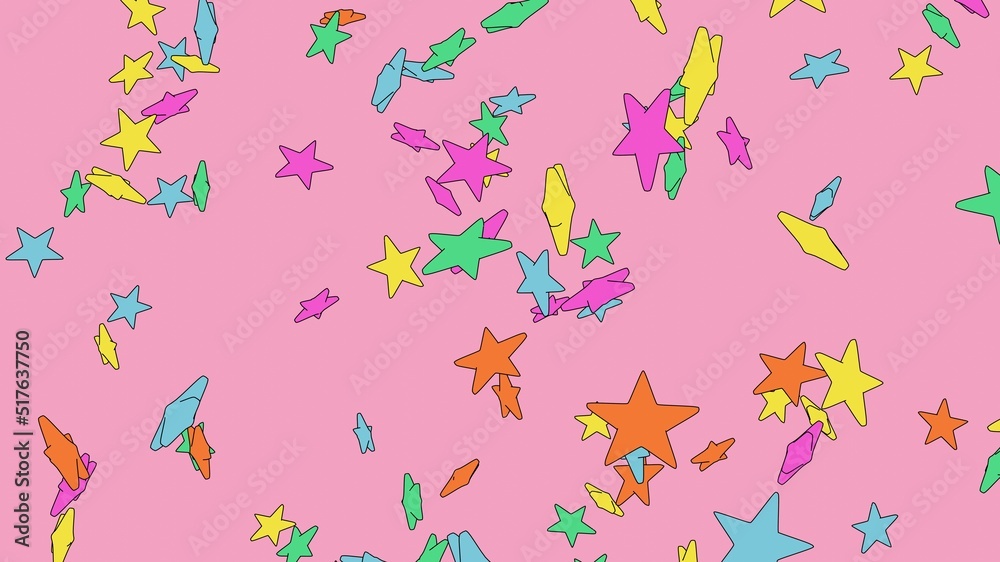 Toon colorful star objects on pink background.
3DCG confetti illustration for background.
