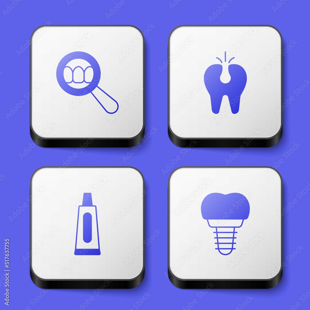 Set Dental search, Broken tooth, Tube of toothpaste and implant icon. White square button. Vector Set Dental search, Broken tooth, Tube of toothpaste and implant icon. White square button. Vector