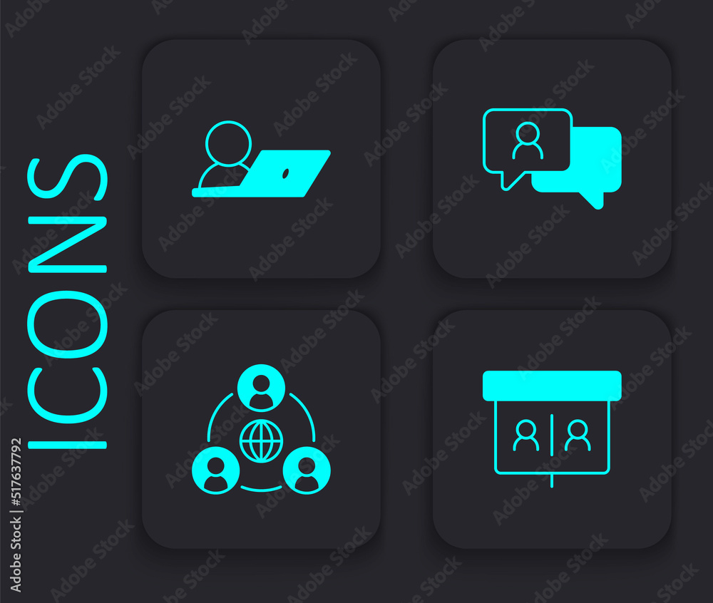 Set Video chat conference, Speech bubble and Meeting icon. Black square button. Vector Set Video chat conference, Speech bubble and Meeting icon. Black square button. Vector