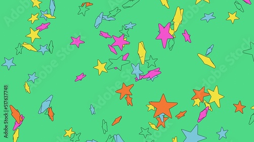 Toon colorful star objects on green background. 3DCG confetti illustration for background. 