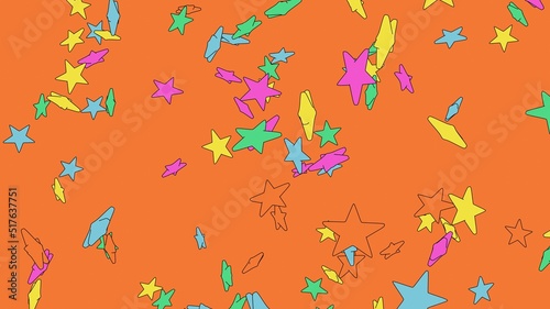 Toon colorful star objects on orange background. 3DCG confetti illustration for background. 
