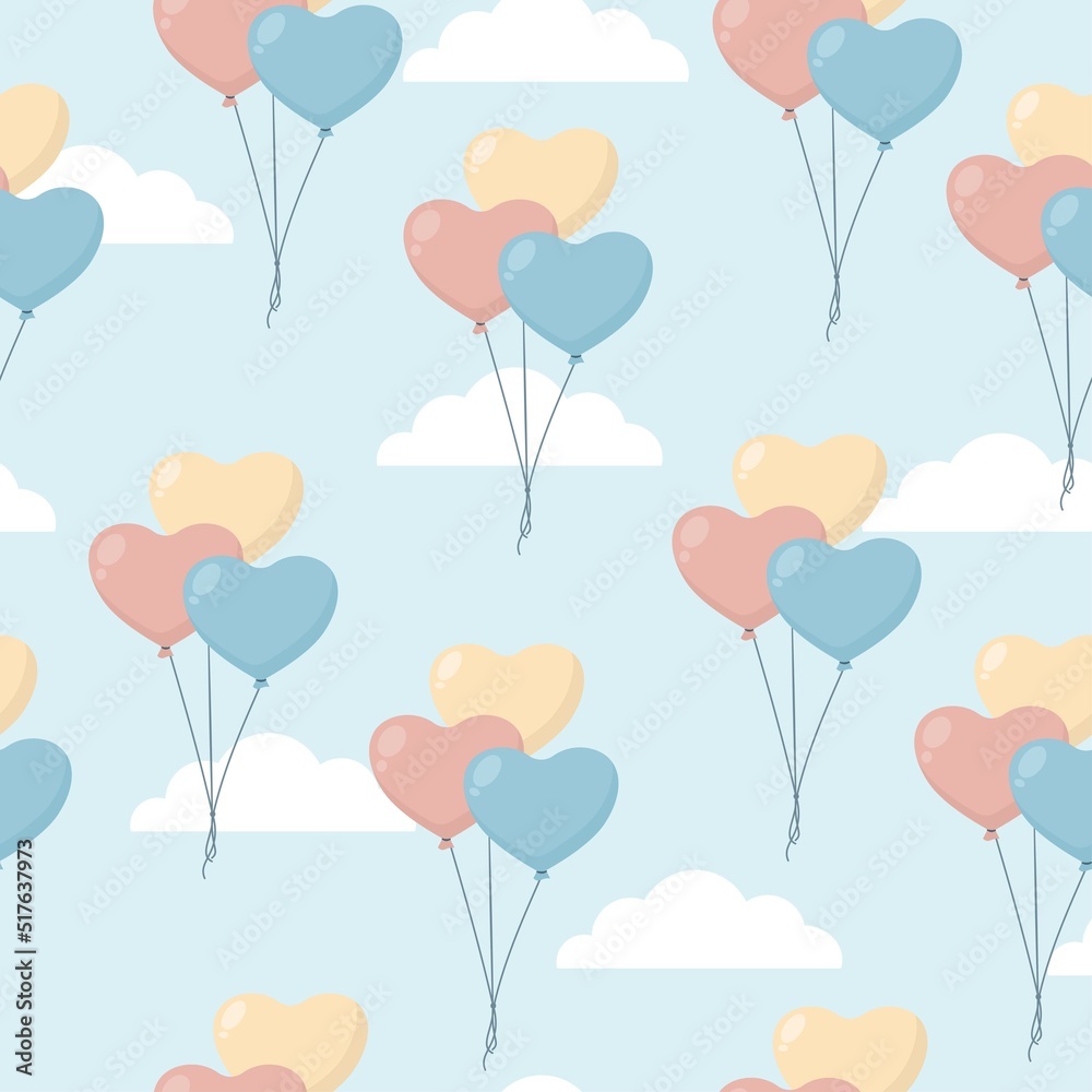 Seamless cute vector pattern. Heart-shaped balloons. Balloons fly in the sky among. Vector illustration