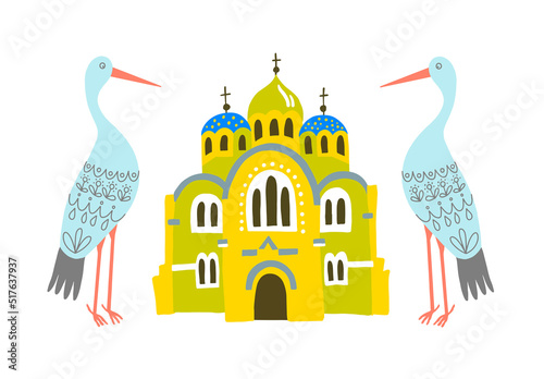 Kyiv Christian temple surrounded by two storks, St. Vladimir's Cathedral vector flat illustration.