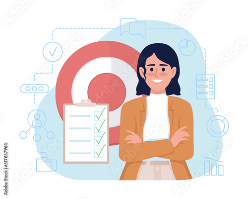 Setting goals 2D vector isolated illustration. Strategic planner flat character on cartoon background. Self assured woman colourful editable scene for mobile, website, presentation