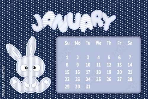 January 2023 Page for kids calendar in funny textile style with rabbit. Children's horizontal wall calendar template