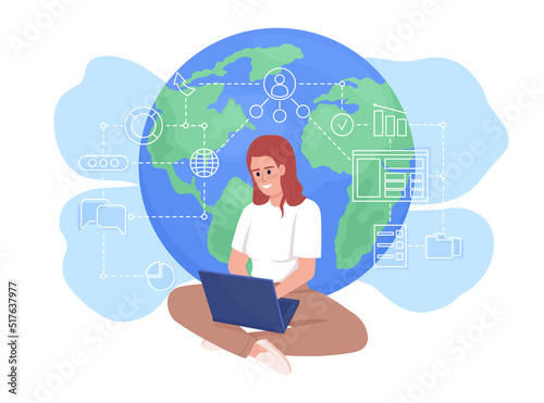 Location independence 2D vector isolated illustration. Girl working remotely flat character on cartoon background. Freelancer colourful editable scene for mobile, website, presentation