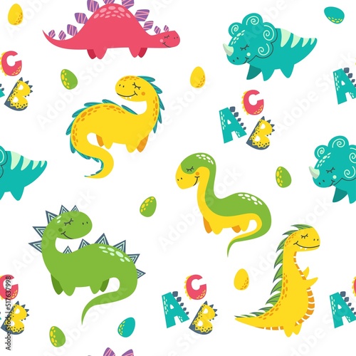 Seamless vector pattern. Cute dinosaurs, eggs, the alphabet, the letters abc . Print for children's clothing.