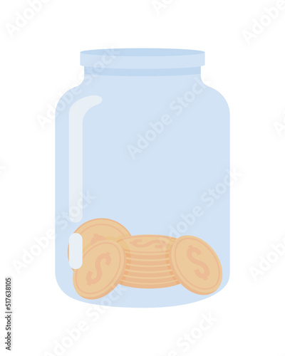 Jar with coins semi flat color vector object. Full sized item on white. Money savings. Home arrangement. Diy penny bank simple cartoon style illustration for web graphic design and animation