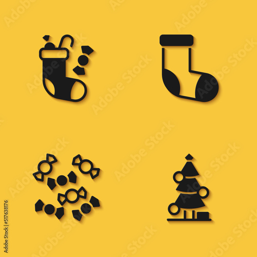 Set Christmas stocking, tree, Candy and icon with long shadow. Vector