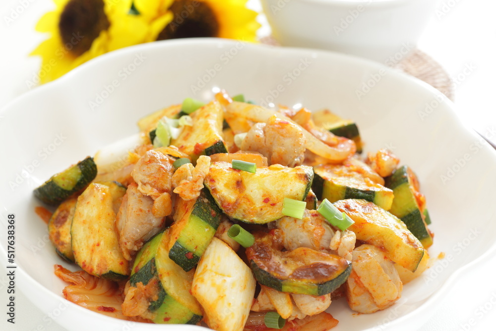 Korean food, zucchini and pork stir fried with Kimchi for comfort food image Korean food, zucchini and pork stir fried with Kimchi for comfort food image