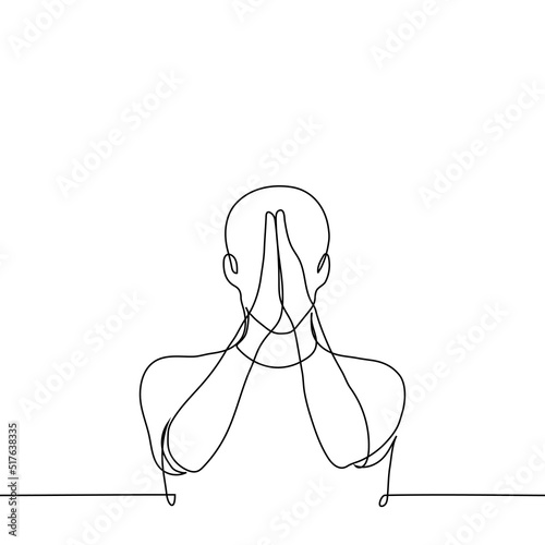 man stands with his hands together (palms together) in a gesture of supplication - one line drawing vector. concept of prayer or meditation
