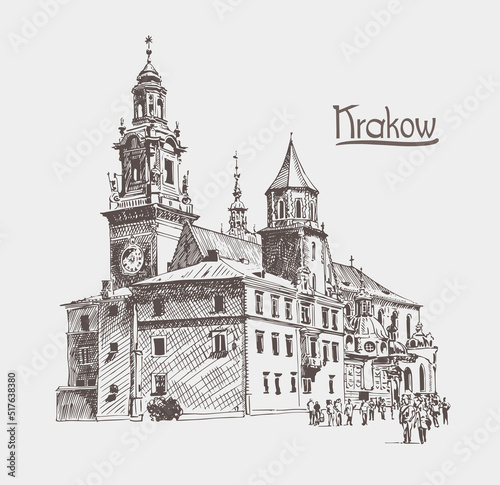 Print op canvas Original sketch drawing of old medieval church in Krakow with hand lettering inscription, Poland