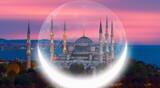 The Sultanahmet Mosque (Blue Mosque) with crescent moon at sunset - Istanbul, Turkey