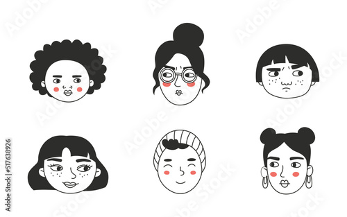 Set of different people s faces, human avatars collection. Different emotions, portrait with a positive facial expression.