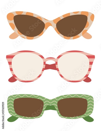 Set of fashionable sunglasses different shape and color. Trendy design. Collection of modern and retro accessories for vision and protection from sunshine. Isolated on white. Vector illustration